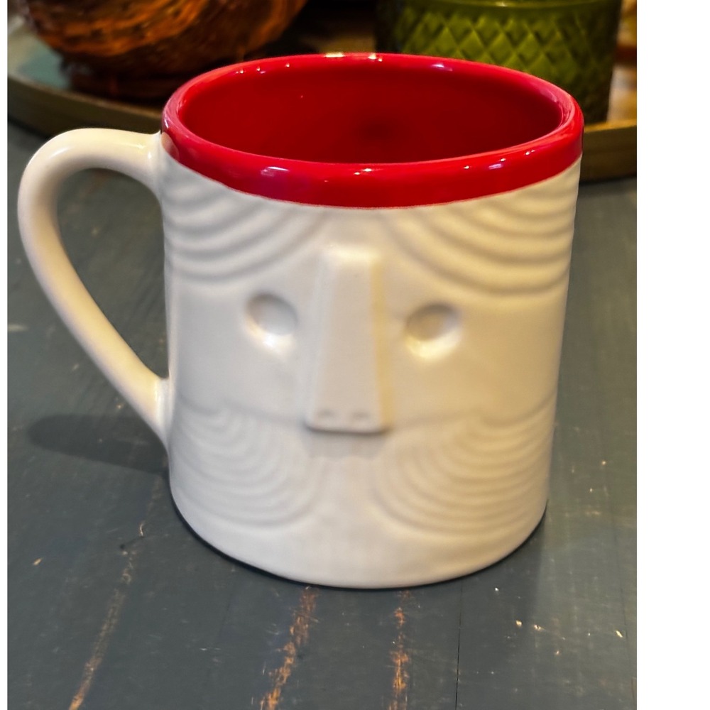 Crate and Barrel Tiki Face Coffee Mug White Red Interior Ceramic 4 inch